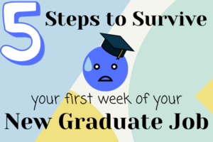 5 Steps to survive your first week of your new graduate job. Image features a worried emoji with a graduation hat.