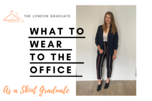 what to wear to the office as a skint graduate. Features outfit of pinstripe trousers, blue blazer and black heels.