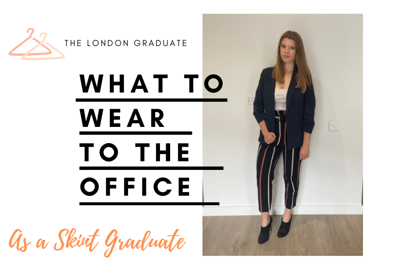 what to wear to the office as a skint graduate. Features outfit of pinstripe trousers, blue blazer and black heels.
