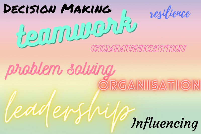 Decision making, teamwork, resilience, communication, problem solving, organisation, leadership, influencing